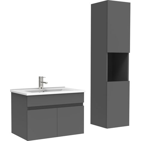 Ocean meuble Salle de Bain avec colonne et vasque ceramique 60cm Anthracite