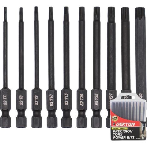 Dekton 10pc Torx Precision S2 Steel Impact Drill Drive Bits 75mm Bit T7 - T40