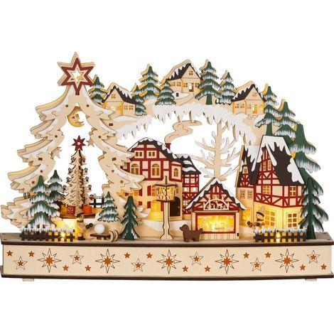 Village de Noël lumineux, village de Noël animé en bois, avec 20 LED, paysage enneigé, 45L x 12l x 30H cm, bois naturel (1/5)