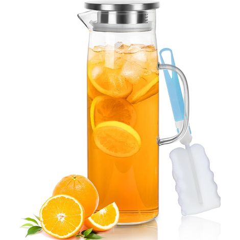Caraffa per acqua da 1,5 litri con coperchio, realizzata in vetro borosilicato trasparente, ideale per lo sportello del frigorifero e per bevande calde e fredde. Spazzolino per la pulizia incluso. - A (1/5)