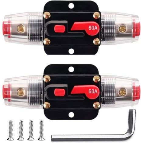 2PCS Fusible de réinitialisation de disjoncteur en ligne 60A, porte-fusible de réinitialisation 12V-24V DC 60A avec réinitialisation manuelle pour la protection du système audio de marin auto (1/5)