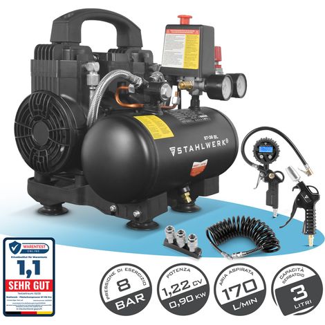 STAHLWERK Compressore con serbatoio da 3 L (ST-38 BL) completamente equipaggiato - compressore d'aria senza olio e silenzioso, 8 bar con motori brushless, 1,22 hp, 0,9 kW, 170 l/min, compressore whisp