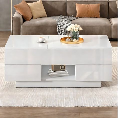 Mesa de centro elevable 100 x 45 x 43 cm de madera blanca con almacenaje FloraGrace (1/5)