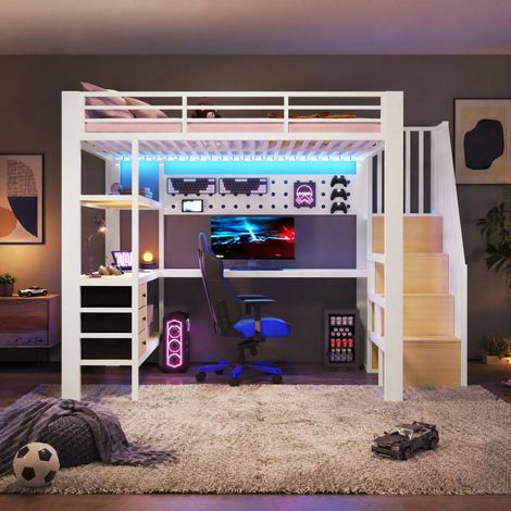 Lit mezzanine 140 x 200 cm en métal et MDF blanc avec bureau, 3 tiroirs, étagères, panneau perforé, prise et LED dimmable, sans matelas – de FLORAGRACE (1/5)
