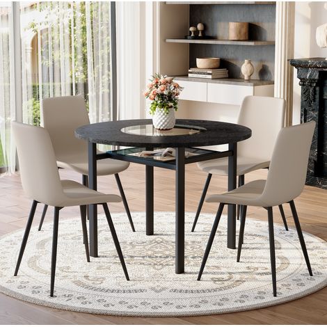 Table ronde 100 cm avec 4 chaises en cuir régénéré, plateau aspect bois foncé, verre trempé et rangement, style moderne – CHICFURN (1/5)
