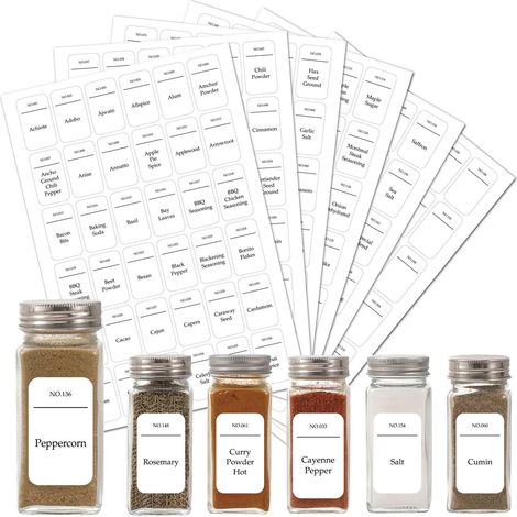 Étiquettes pour pots à épices imperméables, résistantes à l'huile et compatibles lave-vaisselle, blanches, 6 feuilles, adhésives en PVC (1/5)