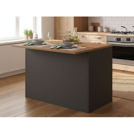 Dmora - Isla de cocina Emmanuel, mesa auxiliar de almacenaje, mueble de cocina con 2 puertas, 100% Made in Italy, 125x90h90 cm, Antracita y Roble (1/5)