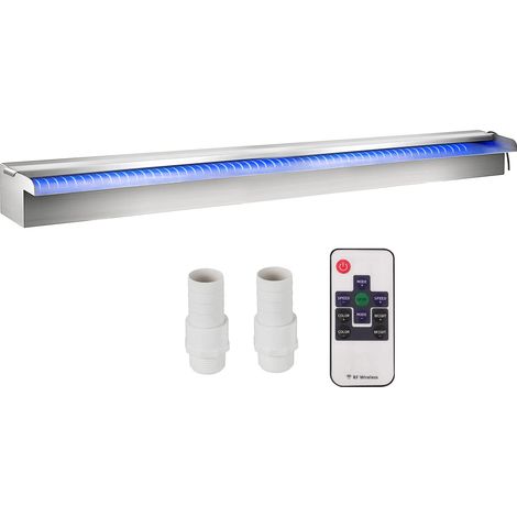 Déversoir à Cascade Piscine 90x11,5x8 cm Fontaine Chute d'eau de Piscine Acier INOX avec Bande LED colorée, connecteur de Tuyau, télécommande, résistant à Corrosion pour étang, Jardin extérieur