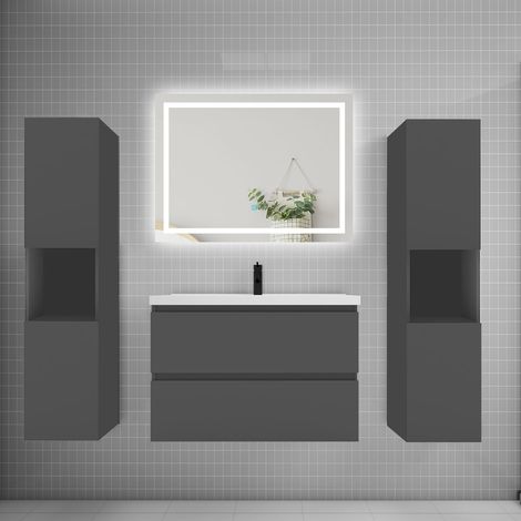 Ensemble meuble de salle de bains 80cm, vasque + colonne + LED miroir mural,anthracite