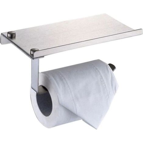 Porte-Papier Toilette Mural - - Argent - Support avec Étagère - Acier Inoxydable - Sans Perçage (1/4)