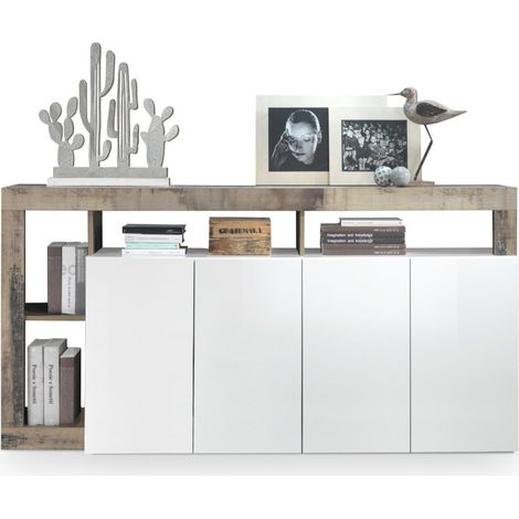 Buffet BURA – 4 portes – Blanc laqué brillant et chêne clair – Design moderne – L184 cm (1/5)