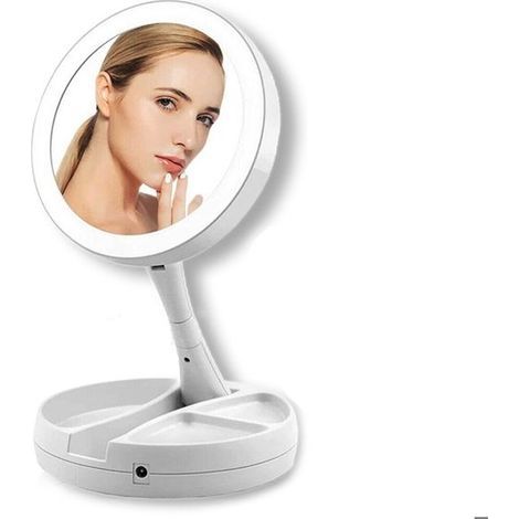 Miroir de maquillage double face grossissant 10X pliable avec lumière LED pour salle de bain (1/4)