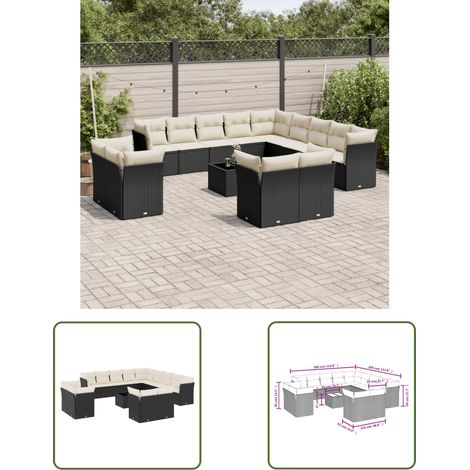 The Living Store 14-tlg. Garten-Sofagarnitur mit Kissen Schwarz Poly Rattan - Gartenmöbel - Outdoor Möbel - Rattan Sofa - PE-Rattan - Esstisch Set (1/3)