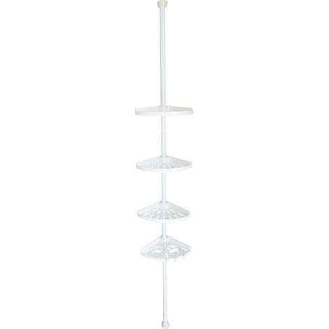 Étagères de salle de bain gain de place, étagère d'angle, barre métallique blanche avec 4 étagères en plastique réglables en hauteur (de 1 m à 3,2 m). (1/5)