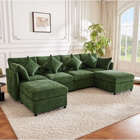 Divano dritto modulare da 4 a 6 posti, in tessuto felpa (chenille), con 2 pouf e 6 cuscini, verde, 278x161x81 cm (1/5)