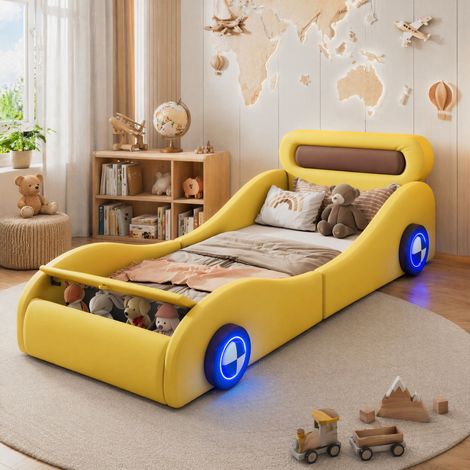 Lit voiture 90x200 avec rangement en PU jaune HAVRYA (1/5)