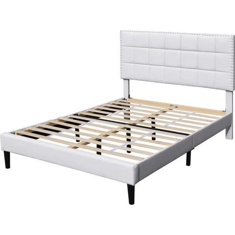 King Of Dreams – Lit 140x200 – Sommier avec 13 lattes en MDF – Tête de lit capitonnée blanche – Pieds 16 cm – Revêtement PVC facile d'entretien (1/3)