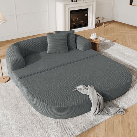 Canapé 2 places convertible 184x176x47 cm, canapé lounge avec accoudoir central amovible, porte-gobelet, 2 coussins, velours côtelé, Gris foncé (1/5)