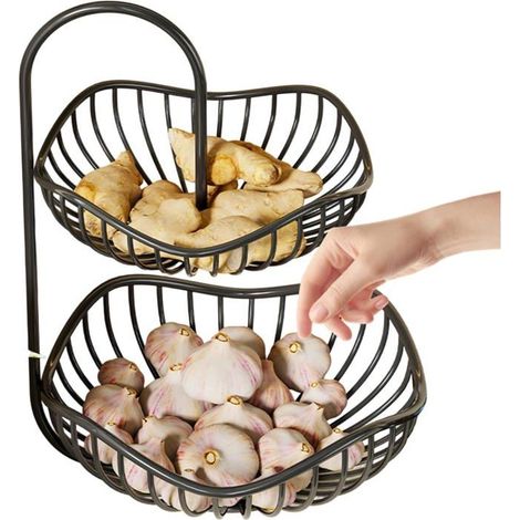 Panier métallique à double couche, un range-fruits de cuisine peu encombrant, idéal pour ranger les légumes, le pain et les oignons. (1/5)