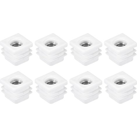 Tubes Carrés, 8 Pièces 20 x 20mm - Embout de Chaise en PP avec Filetage M8, Insert Fileté pour Pieds de Meubles, Bouchons d'Extrémité de Tuyau de Chaise Réglables (Blanc) (1/5)