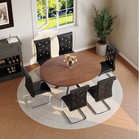 Table à manger extensible MDF décor noyer avec 4 chaises PVC noires, pour salle à manger – MEUBLIV (1/5)
