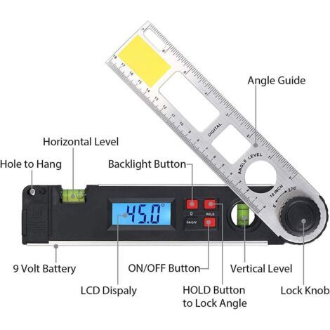 Buscador de ángulos digital de 0-270°, inclinómetro digital LCD, nivel de burbuja, transportador, medidor de ángulos con nivel de burbuja (1/4)