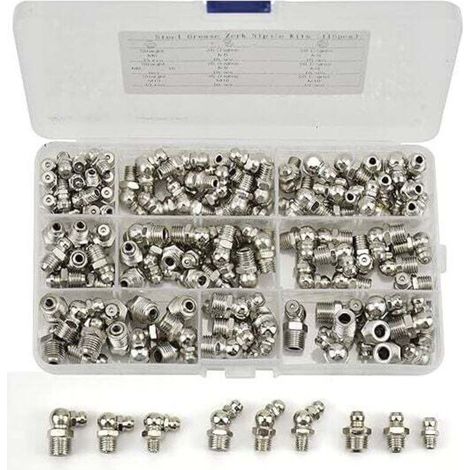 115 Pièces Assortiment de graisseurs, M6 M8 M10 Raccords Filetés de Graissage en Fer Nickelé Droit et Coudé 45°/90° pour Équipement Mécanique (1/5)