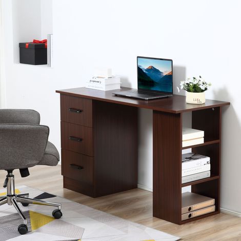 Schreibtisch mit 3 Schubladen und 3 wendbaren Ablagen, 120 cm, Holz, Walnussfarben