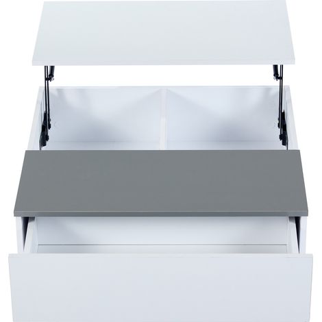 Mesa de centro elevable 70x70x35 cm con almacenaje, cajón y LED, blanco brillo (1/5)
