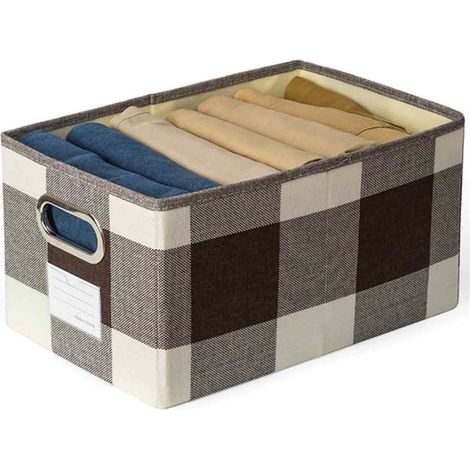 Paniers de rangement décoratifs en tissu pour placard, cubes de rangement avec poignées métalliques pour étagères, chambre, salon, coloris café et blanc à grille. (1/5)