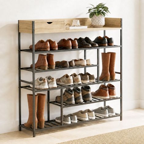 DanDiBo Schuhregal Platzsparend Metall Schwarz Modern 6 Etagen 100 cm mit Ablage 96701 Schuhständer mit Stauraum Schuhablage Schuhaufbewahrung Regal Shoe Rack (1/5)
