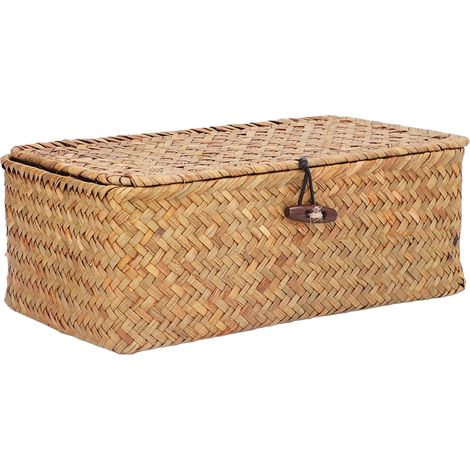 Panier De Rangement Avec Couvercle, Panier Osier Rangement, Tissé Rectangulaire BoîTe D'Organisateur DéCoratif De Rangement En Osier Pour Organiser Les Couvercles Des éTagèRes De Bureau (S) (1/5)