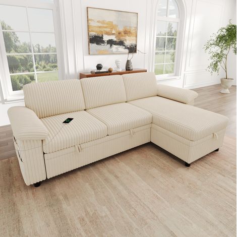 Canapé d’angle convertible beige en velours côtelé, ottomane réversible, coffre, USB/Type‑C (1/5)