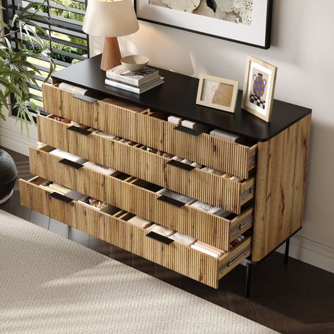 Commode en MDF naturel et noir 120 x 39,5 x 80 cm avec plusieurs tiroirs et pieds stables (1/5)