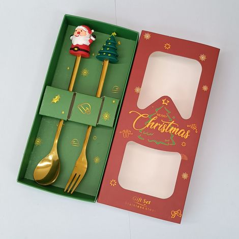 Coffret cadeau cuillère et fourchette en acier inoxydable sur le thème de Noël (ensemble de 2 pièces : Père Noël et sapin rond) (1/4)