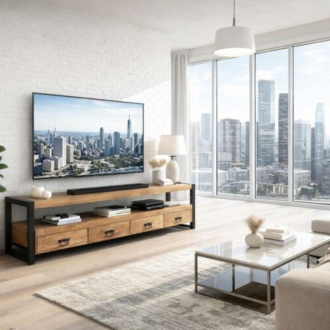 Meuble TV en bois clair et métal noir 4 tiroirs MILORA