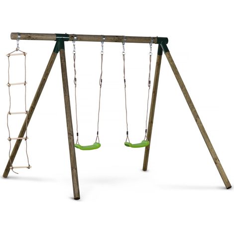 Habitat Et Jardin – Portique bois Timo – 2 balançoires et échelle de corde – Bois 100% FSC traité autoclave classe 3 – Dimensions 240 x 240 x 230 cm
