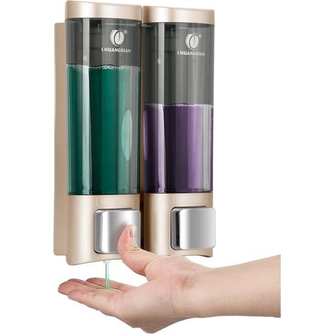 1 - Distributeur de savon - Distributeur mural - Réservoir double 2x200 ml - Pour shampooing et gel douche - Usage hôtel et cuisine - Doré - 20x10 cm