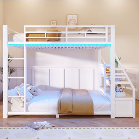 Etagenbett modern 140x200 cm, Holz und Metall weiß, mit LED, Ablagen und 2 Stoffschubladen (1/5)