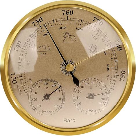 Station météo analogique 3 en 1 (baromètre, thermomètre, hygromètre), fixation murale, intérieur/extérieur, couleur or, 128 mm (1/4)