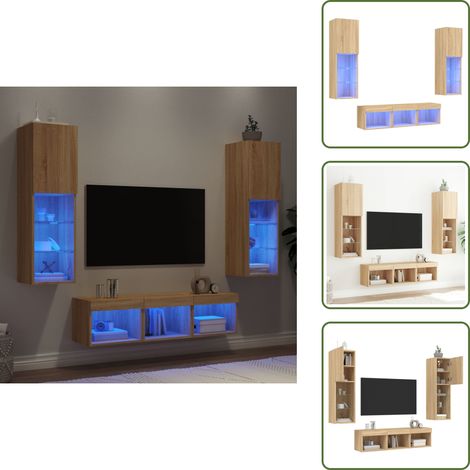 The Living Store 5-tlg. Wohnwand mit LED-Beleuchtung Sonoma-Eiche Holzwerkstoff - Stauraum (1/5)