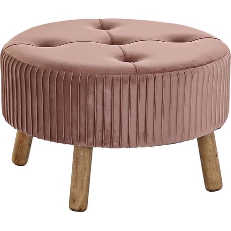 Pouf repose-pieds élégant en velours rose et bois - Rose pâle naturel (1/4)