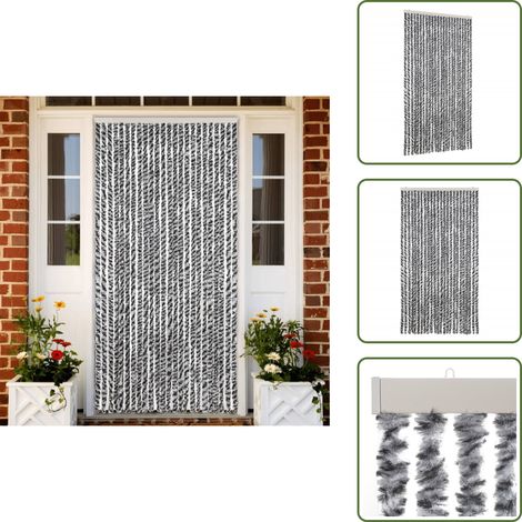 The Living Store Fliegenvorhang Grau, Schwarz und Weiß 100x200 cm Chenille - Fliegenvorhang - Insektenschutz - Türvorhang - Moskitonetze - Sommergarten