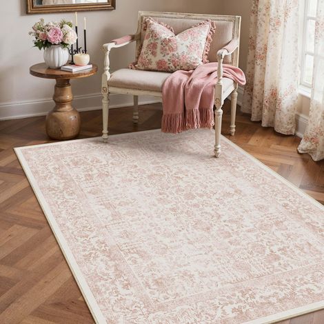 Vintage Tapis Salon 90x150cm Rose Lavable en Machine Rug Chambre Adulte Grand Rugs,Descente de Lit, AntidéRapant Carpet,Interieur Doux Poil Ras,Salle a Manger Carpets,Bureau (1/5)