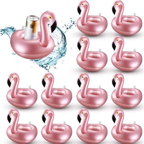 12 portavasos inflables con forma de flamenco, flotadores inflables reutilizables para bebidas, posavasos con forma de animales, portavasos para piscinas y fiestas de verano en la piscina. (1/5)