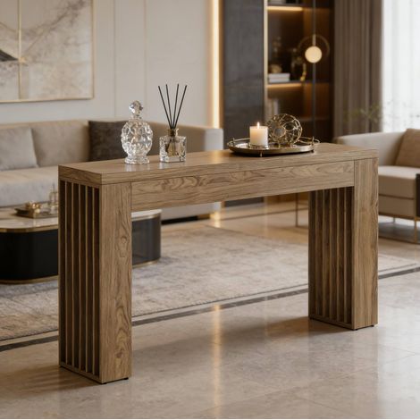 Tavolo consolle 150x40x80 cm marrone in MDF con dettagli a doghe stile farmhouse (1/5)