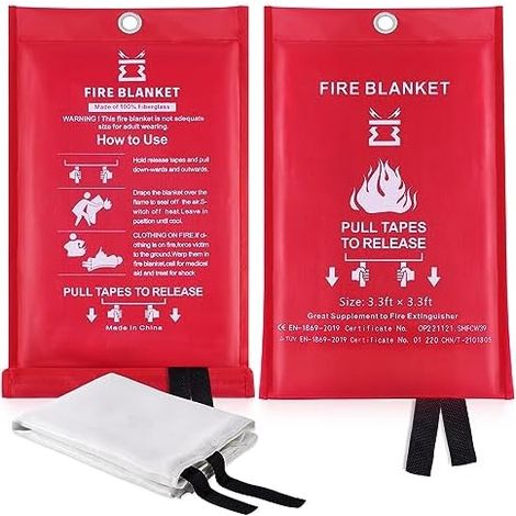 Couvertures Anti-feu Ignifuge pour Maison Cuisine - Couverture d'incendie de Secours Fibre Verre idéal la Fourneau Garage Bureau Camping Caravane Gril 1M x1M (2 Fire Blankets)