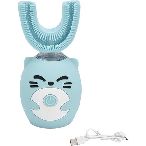 Brosse à dents enfant design cartoon rechargeable USB, matériau silicone qualité alimentaire, bleue (1/5)