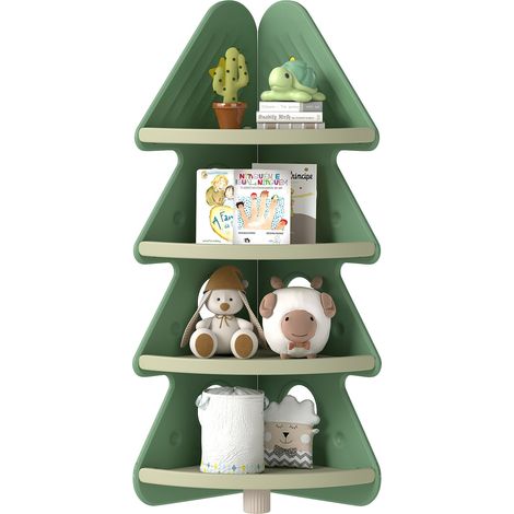 Bibliothèque d'angle enfant verte à 4 niveaux avec forme sapin, rebords anti-chute et kit anti-basculement, pour chambre et salon (1/5)