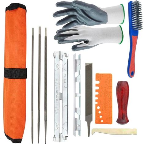 Kit d'affûtage de chaîne de tronçonneuse 12 pièces avec lime ronde 4/4,8/5,5 mm, lime plate, guide de lime et sac à outils
